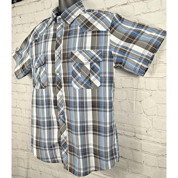 Coevals Club Shirt Men's Size Med. Blue Brown Plaid Pearl Snap Up Short Sleeve - Picture 4 of 9